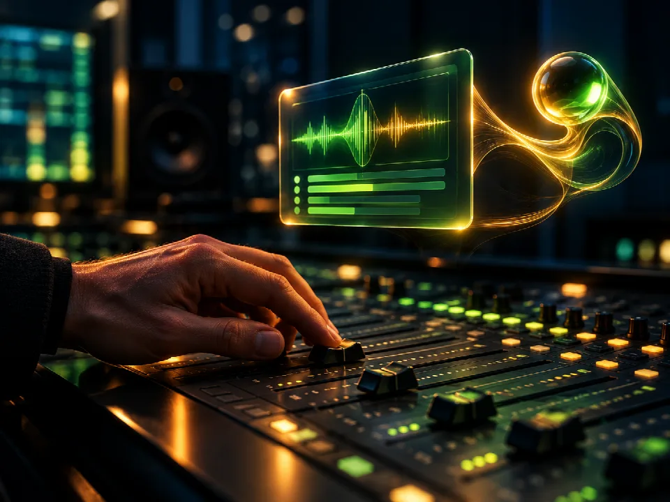 An editor's hand on a console fader, a helpful light-form beside it