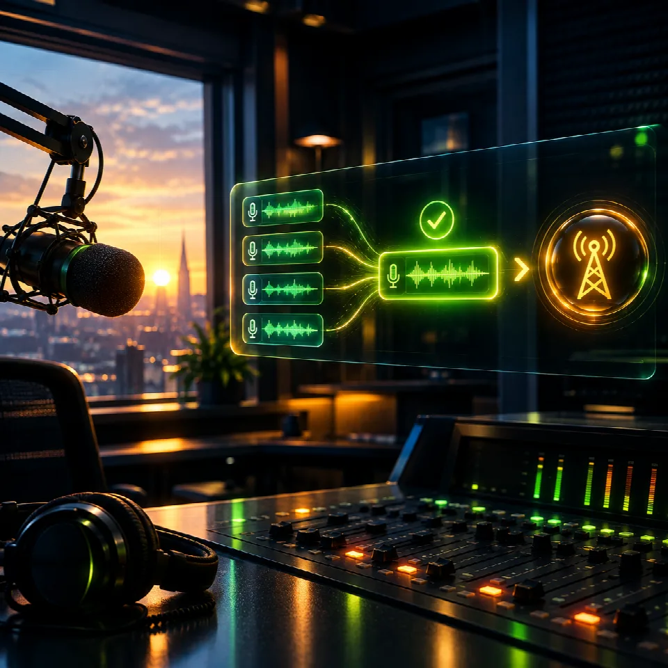 Studio at dawn, the news bulletin assembles itself