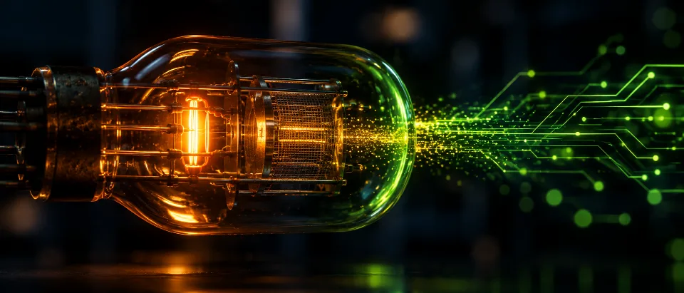 Close-up of a glowing Audion vacuum tube