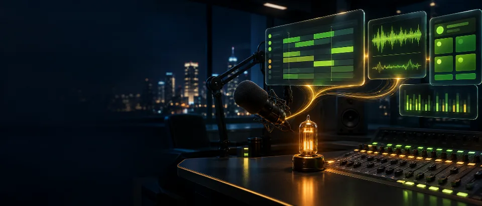 Radio studio at night, a glowing vacuum tube's light flowing into dashboard tiles