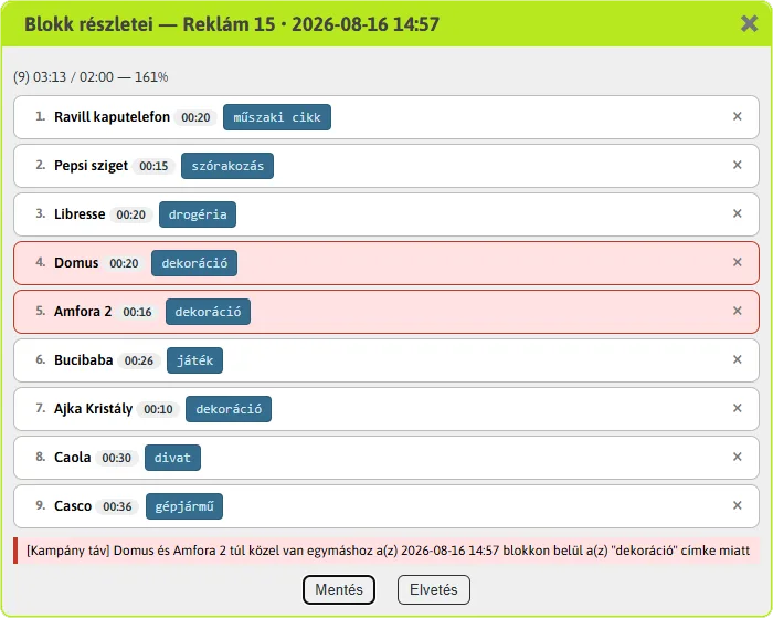 A Diszpó heti reklámrácsa kitöltöttségi jelzőkkel