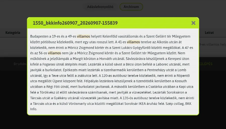 Egy archivált hanganyag leirata, kiemelt keresési találatokkal